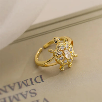 Copper K Gold Plated Cute Vintage Style Plating Inlay Animal Round Dinosaur Zircon Open Rings