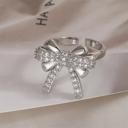 Copper K Gold Plated Elegant Simple Style Plating Inlay Bow Knot Zircon Open Rings