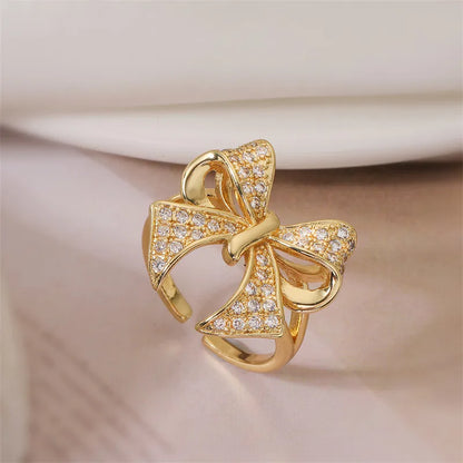 Copper K Gold Plated Elegant Simple Style Plating Inlay Bow Knot Zircon Open Rings