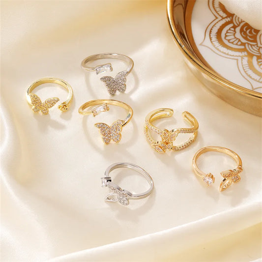 Copper K Gold Plated Hawaiian Tropical Classic Style Inlay Butterfly Gold White Diamond Open Rings