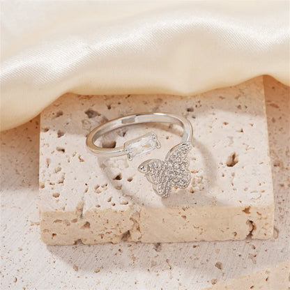 Copper K Gold Plated Hawaiian Tropical Classic Style Inlay Butterfly Gold White Diamond Open Rings