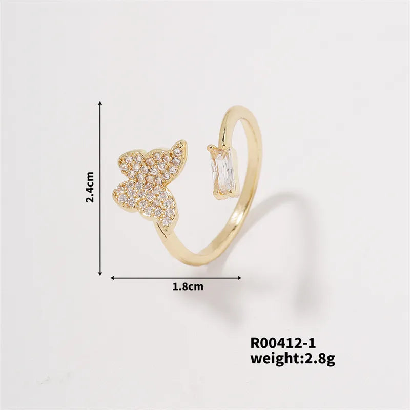 Copper K Gold Plated Hawaiian Tropical Classic Style Inlay Butterfly Gold White Diamond Open Rings