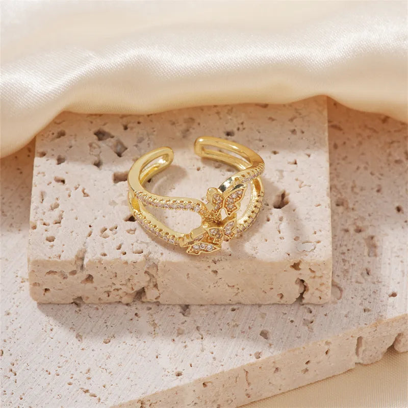 Copper K Gold Plated Hawaiian Tropical Classic Style Inlay Butterfly Gold White Diamond Open Rings