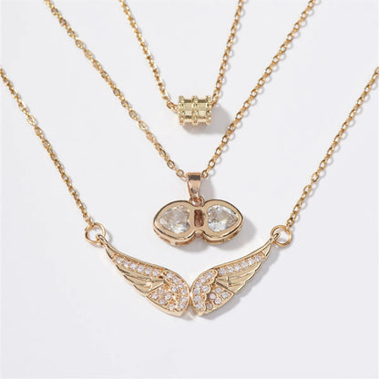 Copper K Gold Plated Hip-Hop Luxurious Plating Inlay Wings Zircon Pendant Necklace