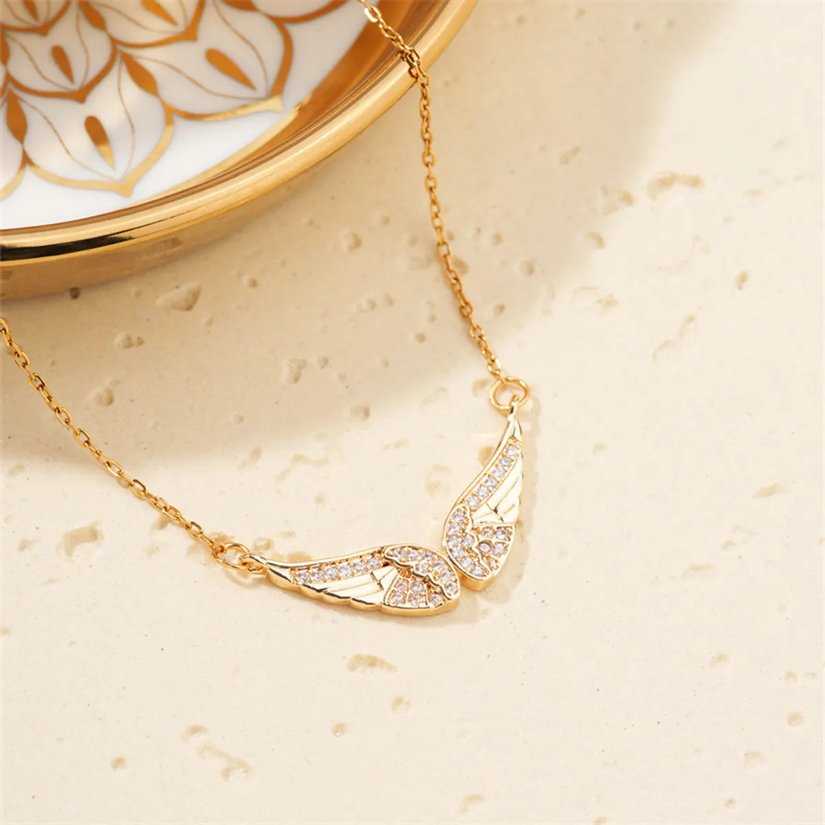 Copper K Gold Plated Hip-Hop Luxurious Plating Inlay Wings Zircon Pendant Necklace