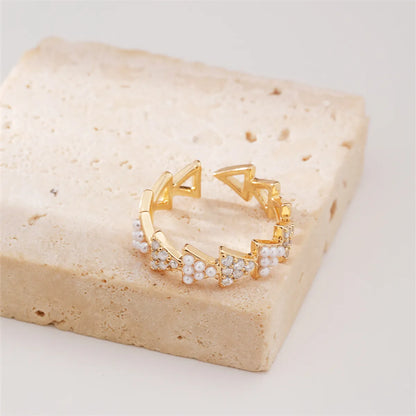 Copper K Gold Plated Rhodium Plated Casual Elegant Irregular Inlay Triangle Artificial Pearls Open Rings