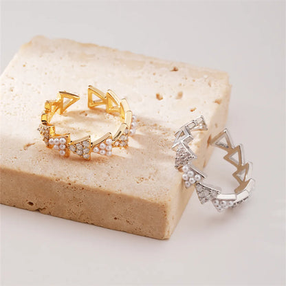 Copper K Gold Plated Rhodium Plated Casual Elegant Irregular Inlay Triangle Artificial Pearls Open Rings