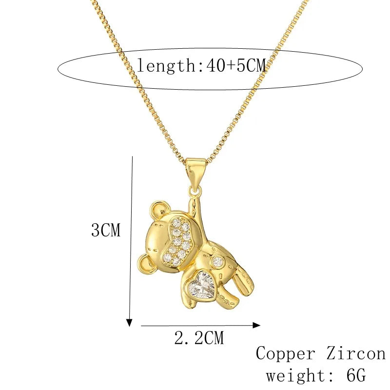 Copper Lady Inlay Little Bear Zircon Pendant Necklace