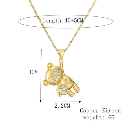 Copper Lady Inlay Little Bear Zircon Pendant Necklace