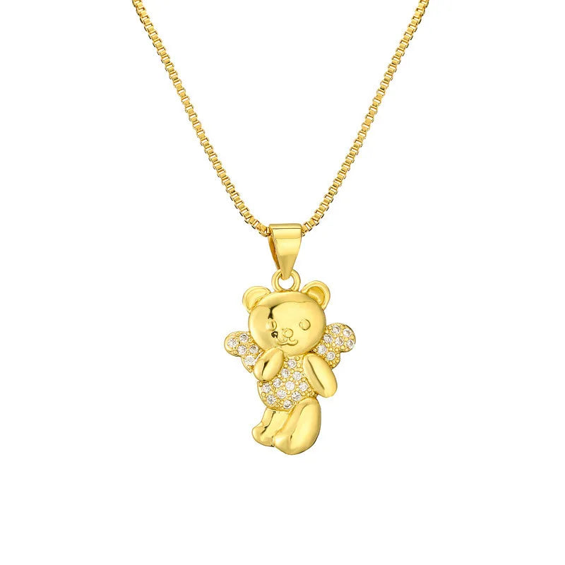 Copper Lady Inlay Little Bear Zircon Pendant Necklace