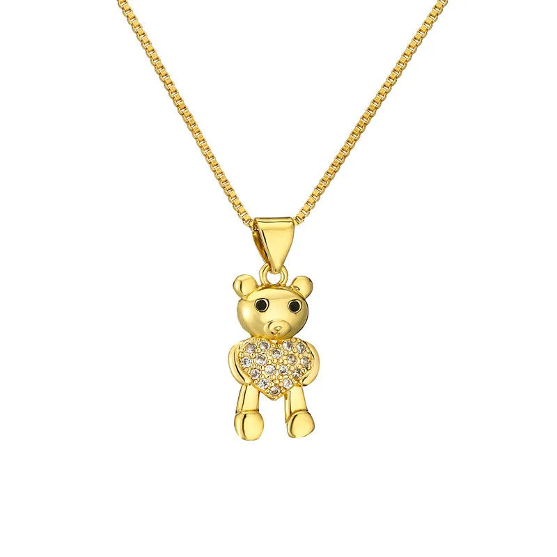 Copper Lady Inlay Little Bear Zircon Pendant Necklace