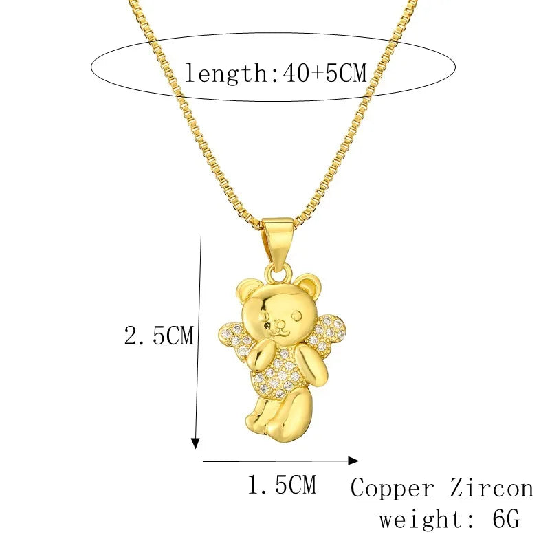 Copper Lady Inlay Little Bear Zircon Pendant Necklace