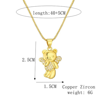 Copper Lady Inlay Little Bear Zircon Pendant Necklace