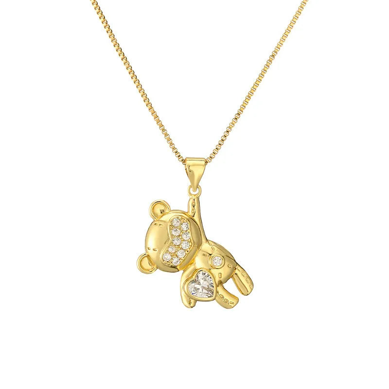 Copper Lady Inlay Little Bear Zircon Pendant Necklace