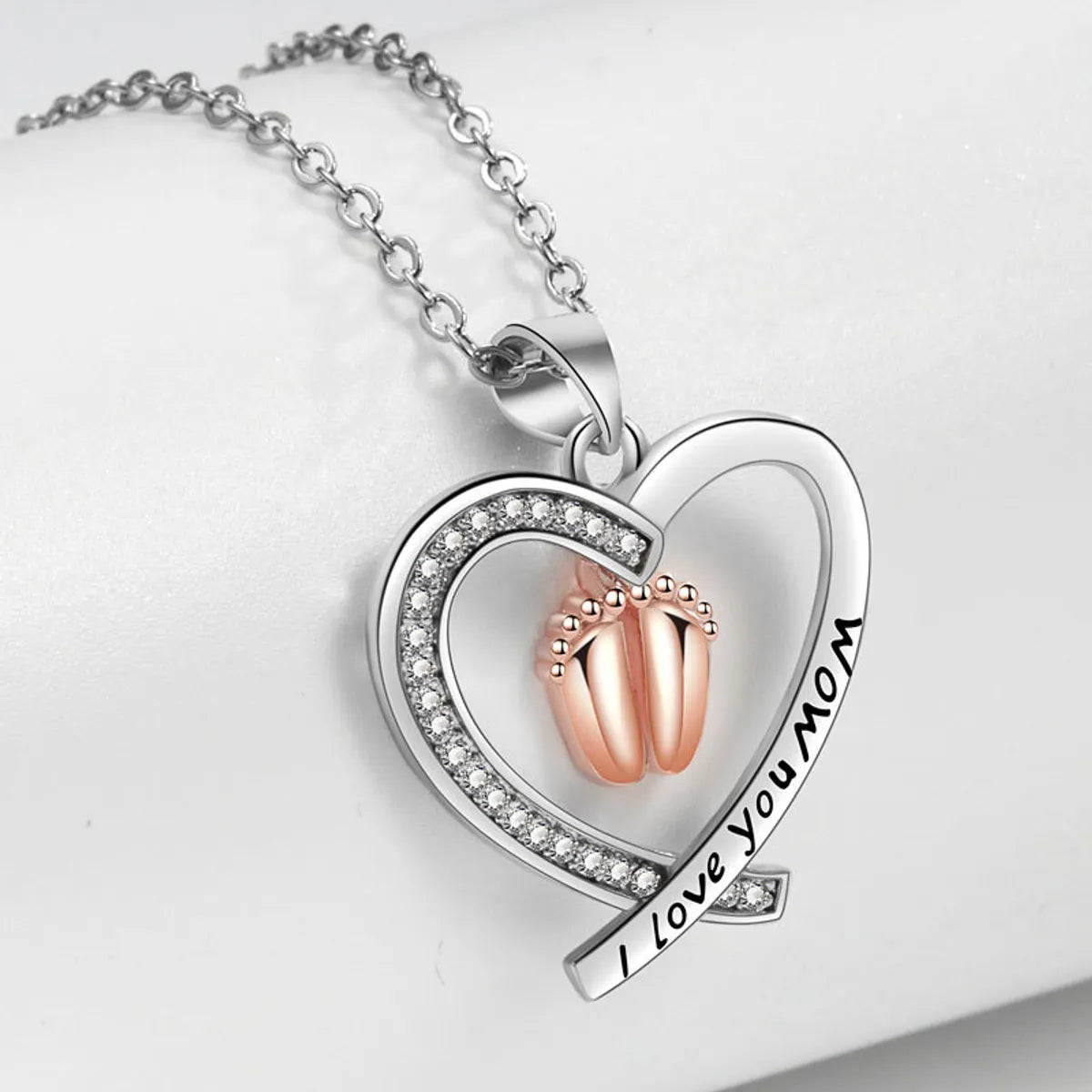 Copper MAMA Simple Style Letter Heart Shape Footprint Hollow Out Inlay Zircon Pendant Necklace