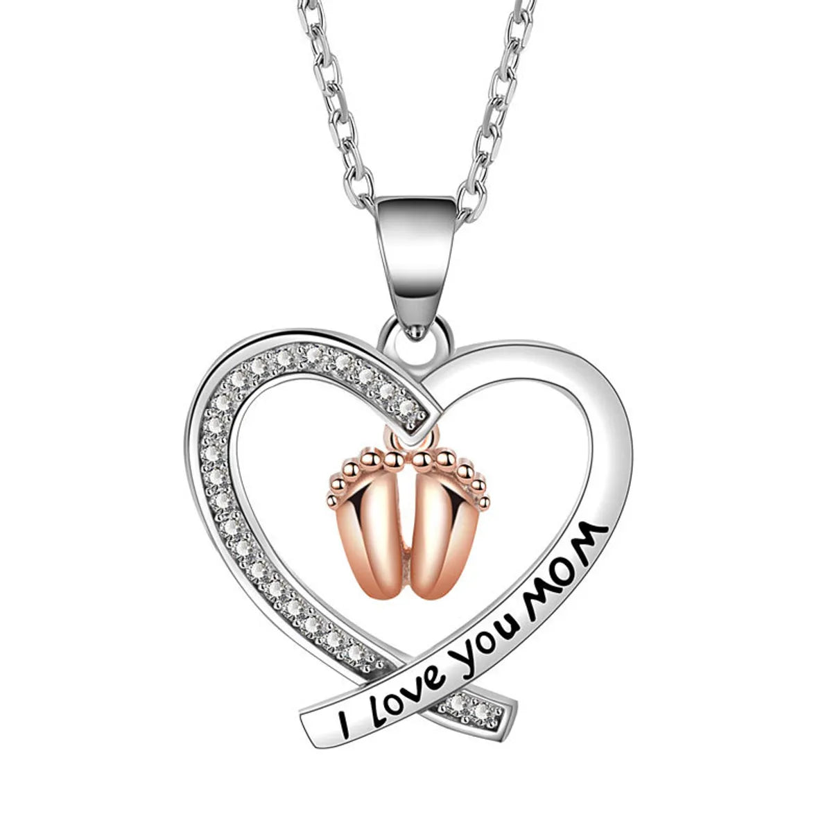 Copper MAMA Simple Style Letter Heart Shape Footprint Hollow Out Inlay Zircon Pendant Necklace