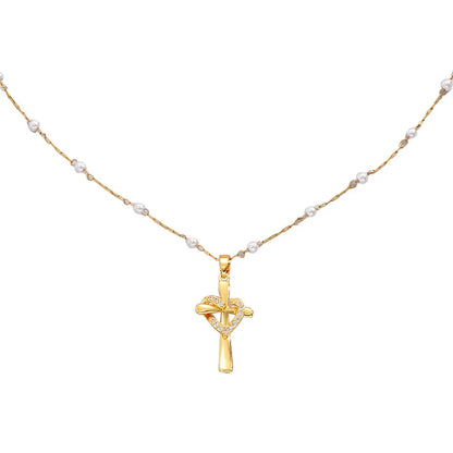 Copper Pearl Inlay Cross Heart Shape Zircon Pendant Necklace