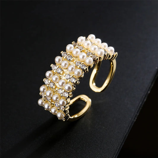 Copper Plated 18k Gold 4 Rows Millet Pearl Opening Design Adjustable Ring