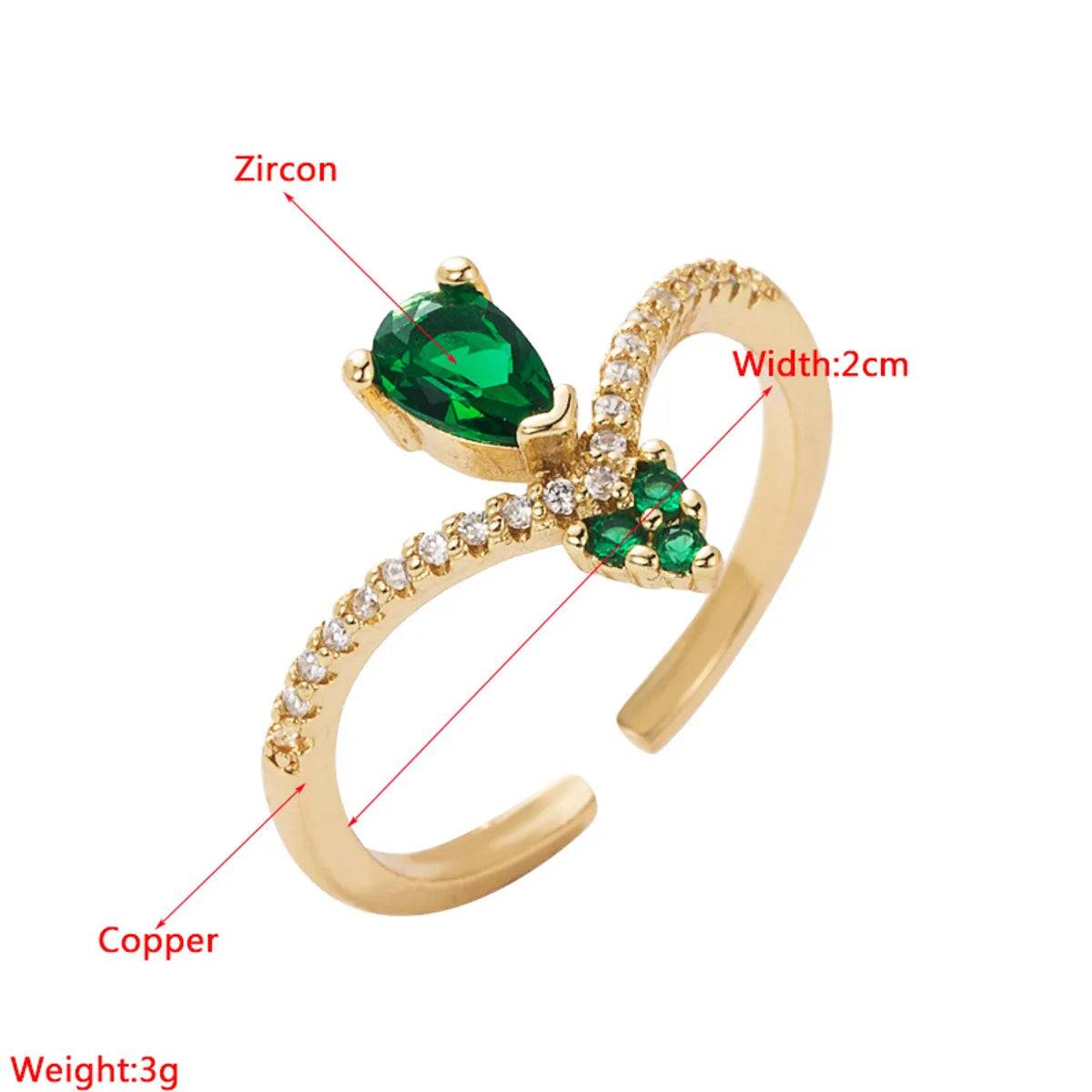 Copper Plated Real Gold Micro Inlaid Green Zircon Heart-shaped Women's Ring