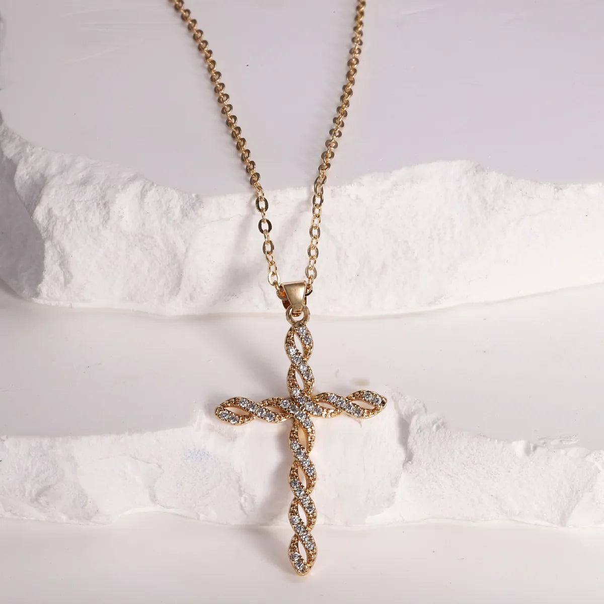 Copper Plating Inlay Cross Zircon Pendant Necklace