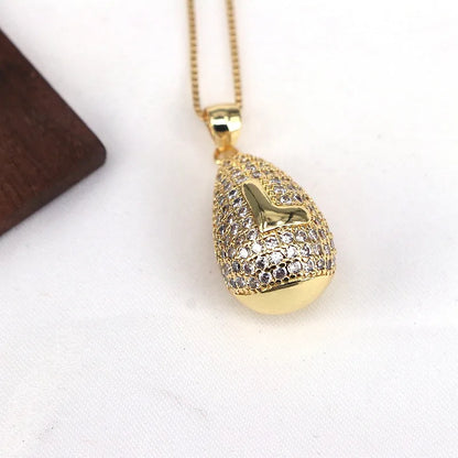 Copper Plating Inlay Letter Water Droplets Zircon Pendant Necklace