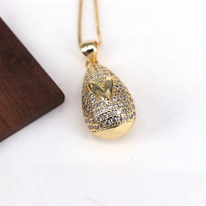 Copper Plating Inlay Letter Water Droplets Zircon Pendant Necklace