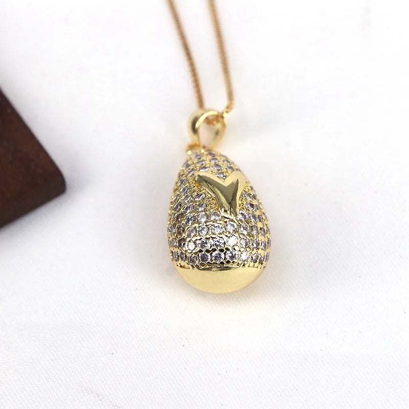 Copper Plating Inlay Letter Water Droplets Zircon Pendant Necklace