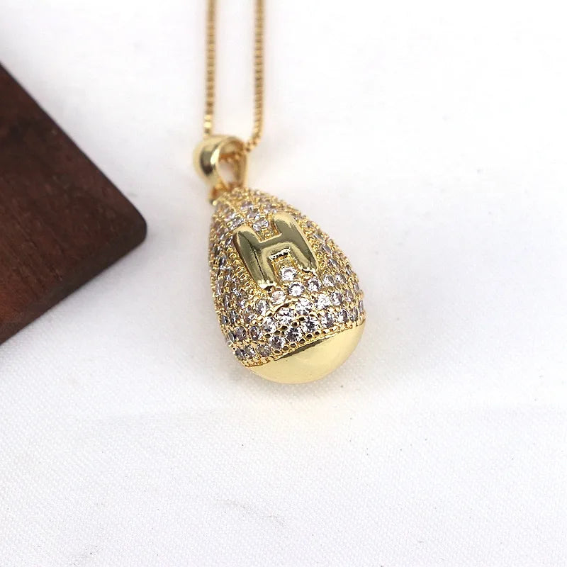 Copper Plating Inlay Letter Water Droplets Zircon Pendant Necklace