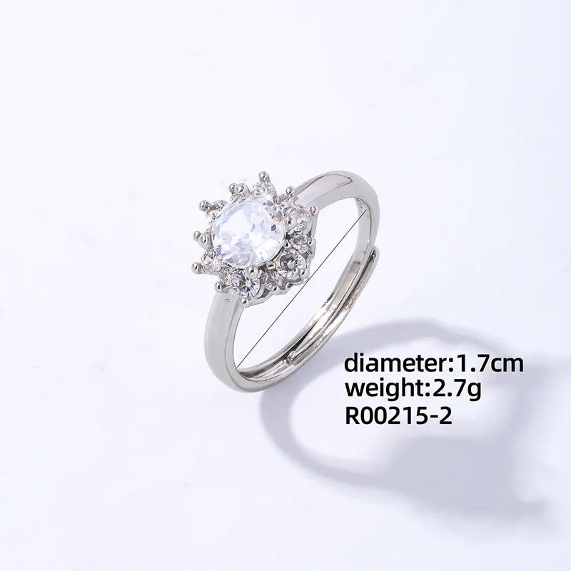 Copper Rhodium Plated Casual Elegant Romantic Inlay Round Square Zircon Open Rings