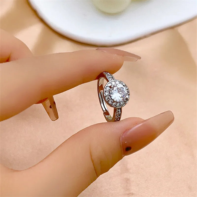 Copper Rhodium Plated Casual Elegant Romantic Inlay Round Square Zircon Open Rings