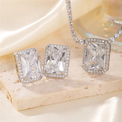 Copper Rhodium Plated Simple Style Shiny Inlay Rock Candy Zircon Rings Necklace Jewelry Set