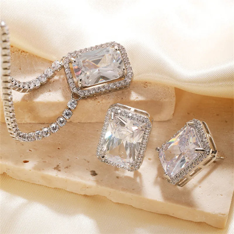 Copper Rhodium Plated Simple Style Shiny Inlay Rock Candy Zircon Rings Necklace Jewelry Set