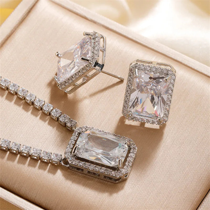 Copper Rhodium Plated Simple Style Shiny Inlay Rock Candy Zircon Rings Necklace Jewelry Set