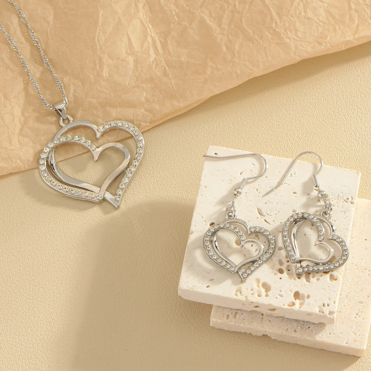 Copper Rose Gold Plated White Gold Plated Gold Plated Hollow Out Inlay Heart Shape Zircon Jewelry Set