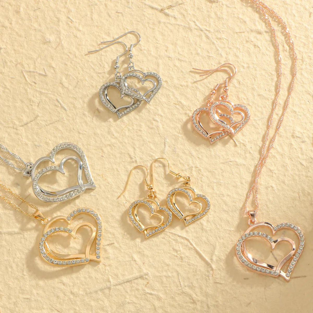 Copper Rose Gold Plated White Gold Plated Gold Plated Hollow Out Inlay Heart Shape Zircon Jewelry Set