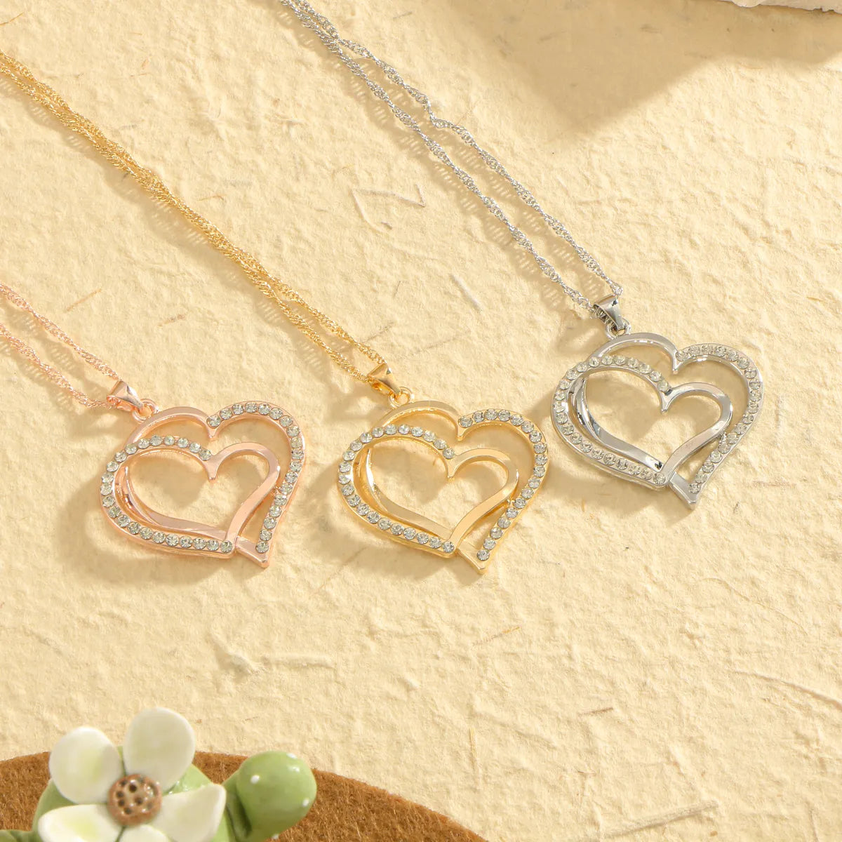 Copper Rose Gold Plated White Gold Plated Gold Plated Hollow Out Inlay Heart Shape Zircon Jewelry Set