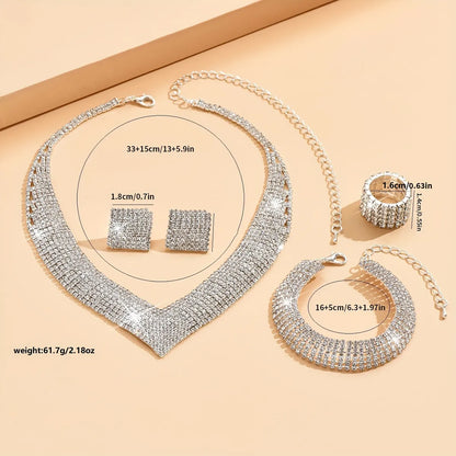 Copper Silver Plated Luxurious Inlay V Shape Rhinestones Jewelry Set