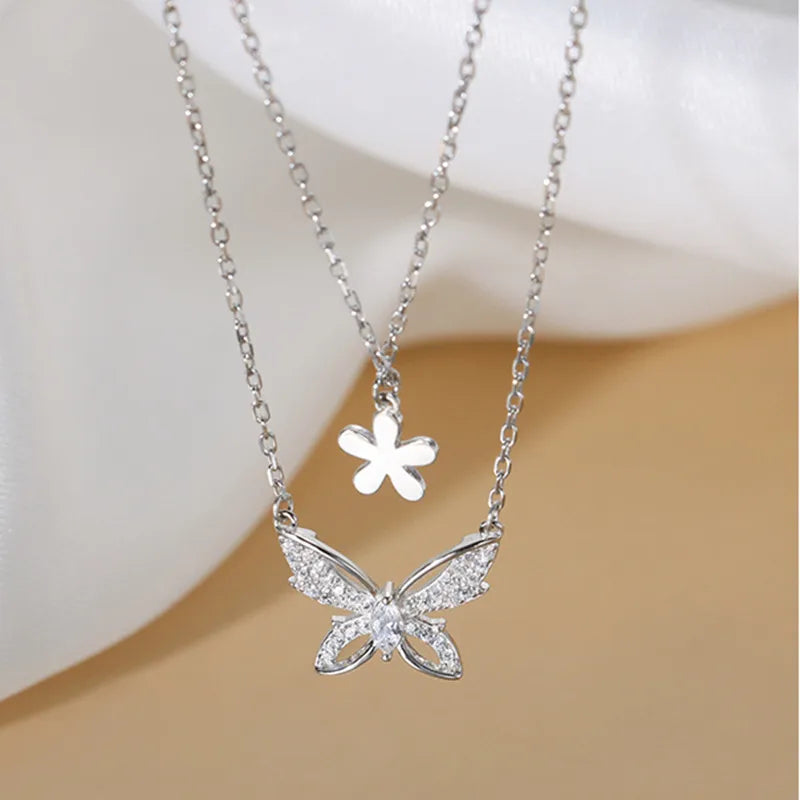 Copper Silver Plated Sweet Simple Style Plating Inlay Butterfly Zircon Layered Necklaces