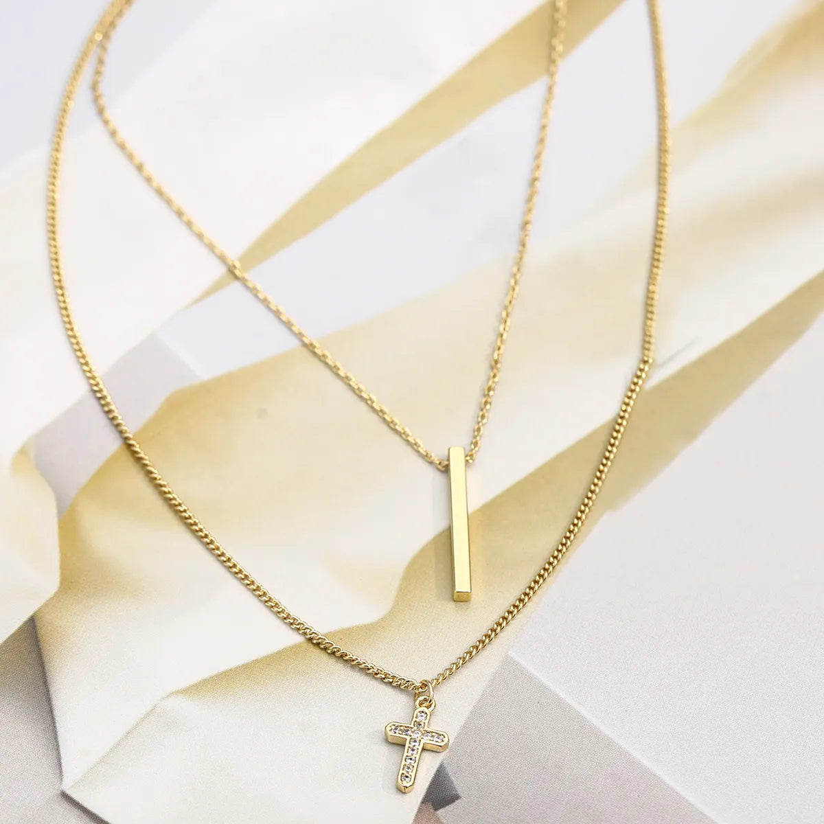 Copper Simple Style Cross Inlay Zircon Double Layer Necklaces