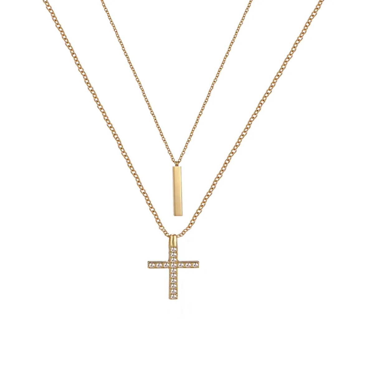 Copper Simple Style Cross Inlay Zircon Double Layer Necklaces