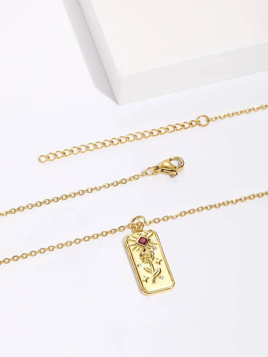 Copper Simple Style Square Rose Flower Plating Inlay Zircon Pendant Necklace