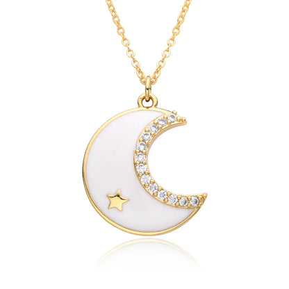 Copper Simple Style Star Moon Plating Inlay Shell Zircon Pendant Necklace