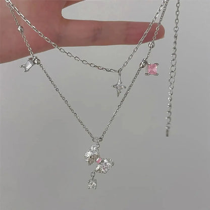 Copper Sweet Bow Knot Inlay Zircon Double Layer Necklaces