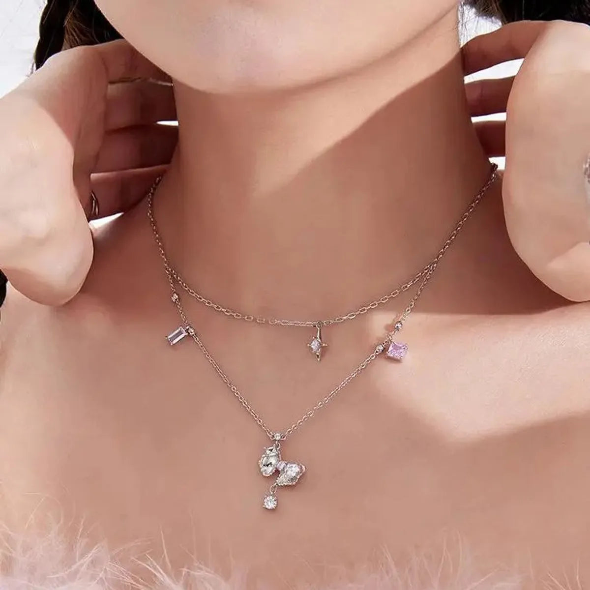 Copper Sweet Bow Knot Inlay Zircon Double Layer Necklaces