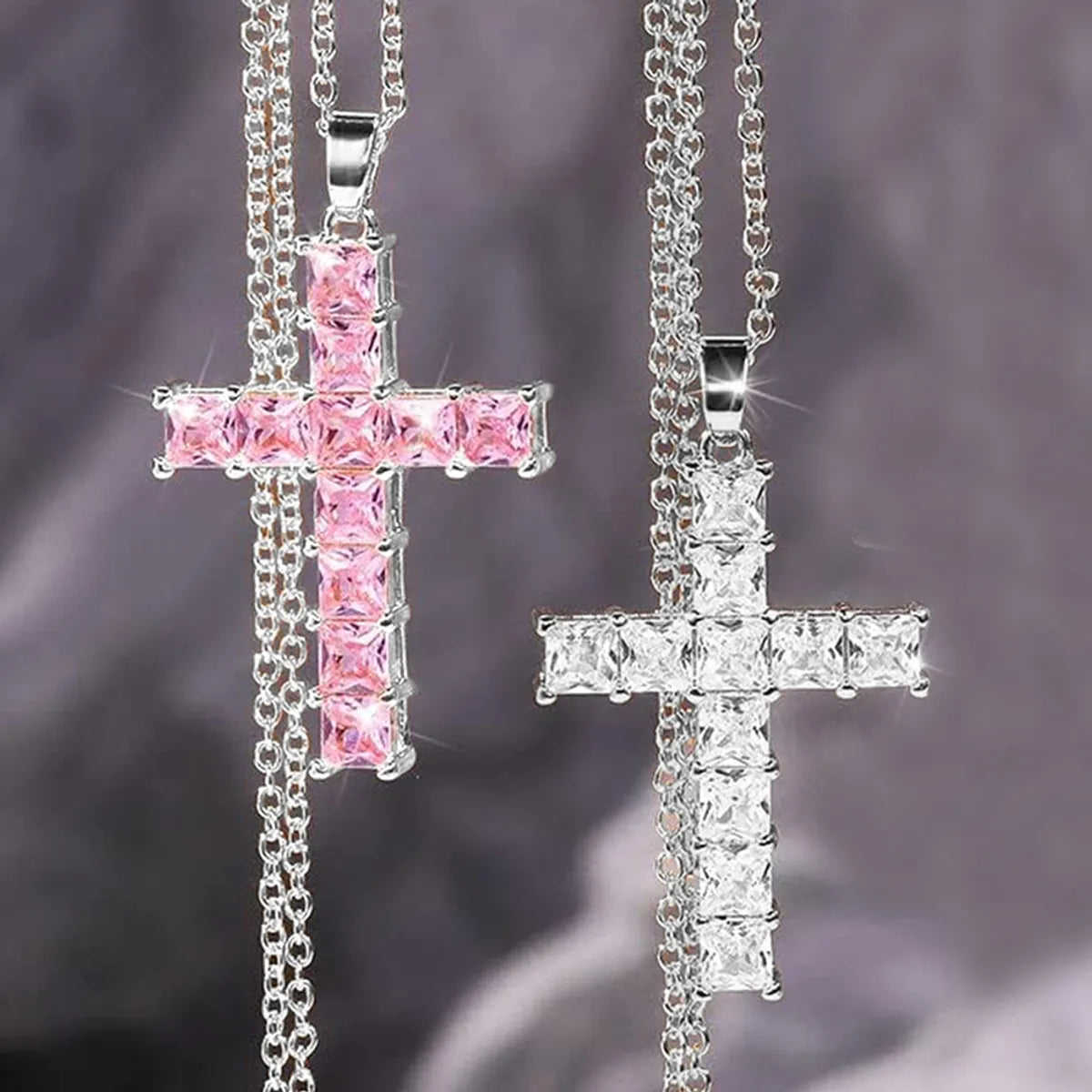 Copper Sweet Cross Inlay Zircon Pendant Necklace