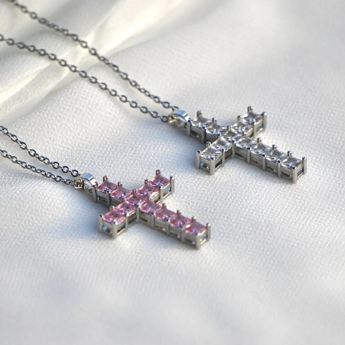 Copper Sweet Cross Inlay Zircon Pendant Necklace