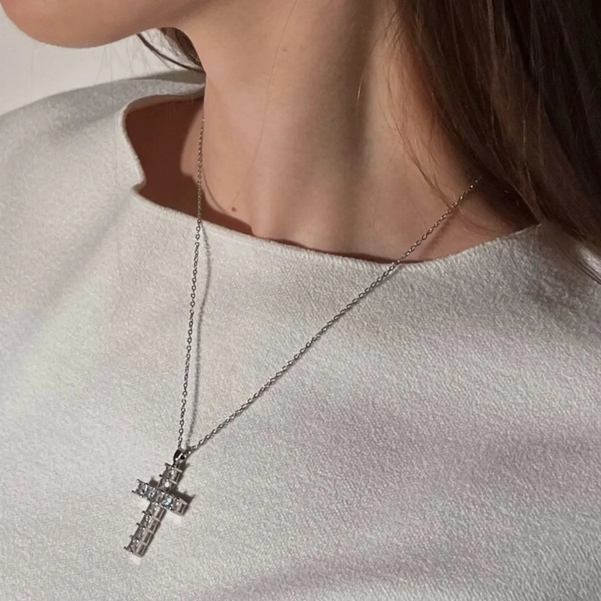 Copper Sweet Cross Inlay Zircon Pendant Necklace