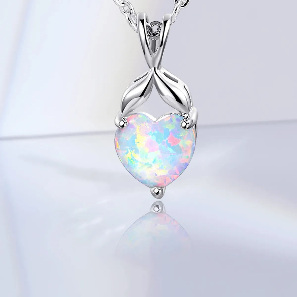 Copper White Gold Plated Elegant French Style Heart Shape Inlay Opal Pendant Necklace