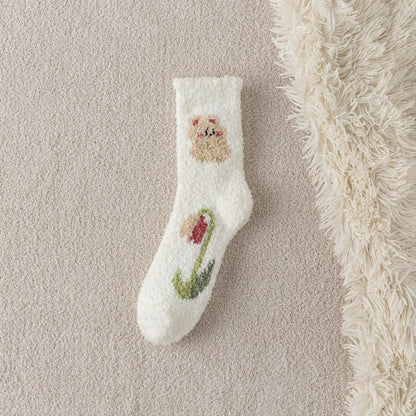 Coral Fleece Socks Women'S Winter Extra Thick No Hair Shedding Home Sleeping Socks Tulip Thermal Middle Tube Floor Socks Wholesale