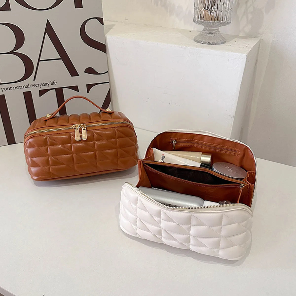 Cosmetic Bag Niche PU Portable Women'S Rhombus Portable Travel Partition Storage Bag Small Fresh Embossed Zipper Wash Bag